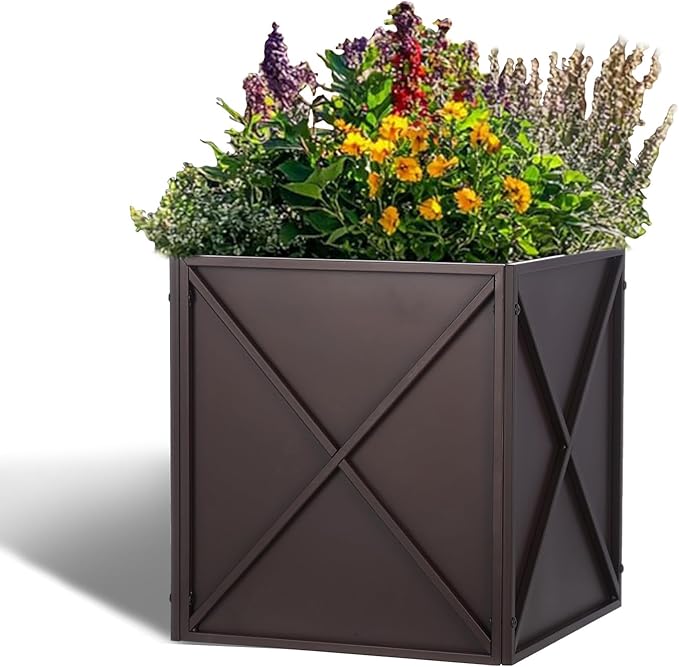 SUNNYPARK Large Metal Planter Box 17”x 17”x 18”, Square Modern Brown Metal Planter Box Heavy Duty with Drainage Holes for Outdoor Garden Patio