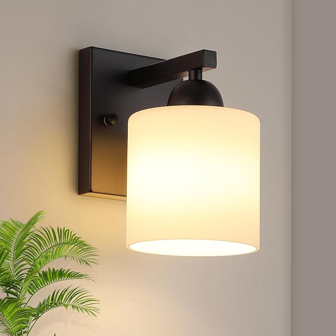 Matte Black Milk Glass Wall Sconces, 1 Pack Hardwired Indoor Wall Light Fixtures for Living Room, Hallway, Bedroom, Ceramic E26 Sockets (Bulbs Not Included)