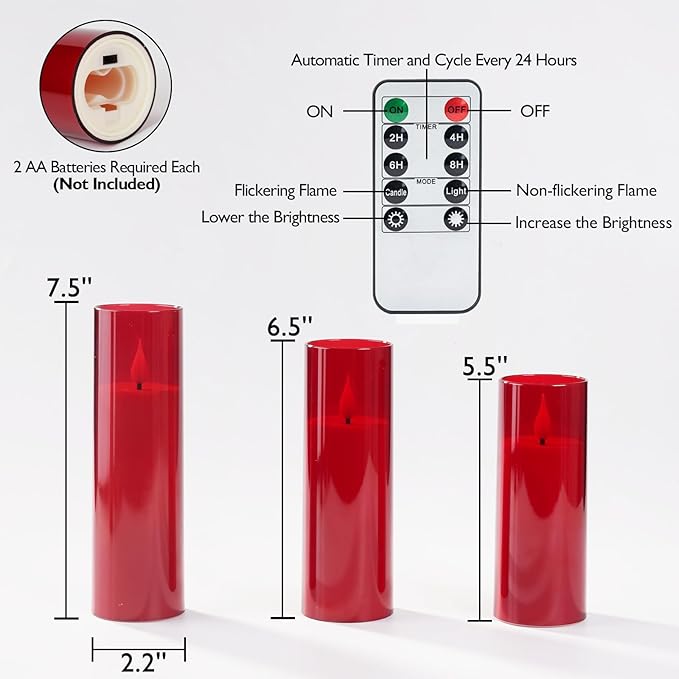 Amagic Christmas Red Flameless Candles, Battery Operated Candles with Remote and Timer, Acrylic Flickering LED Candles for Thanksgiving Decor, D2.2''xH5''6" 7", Set of 9