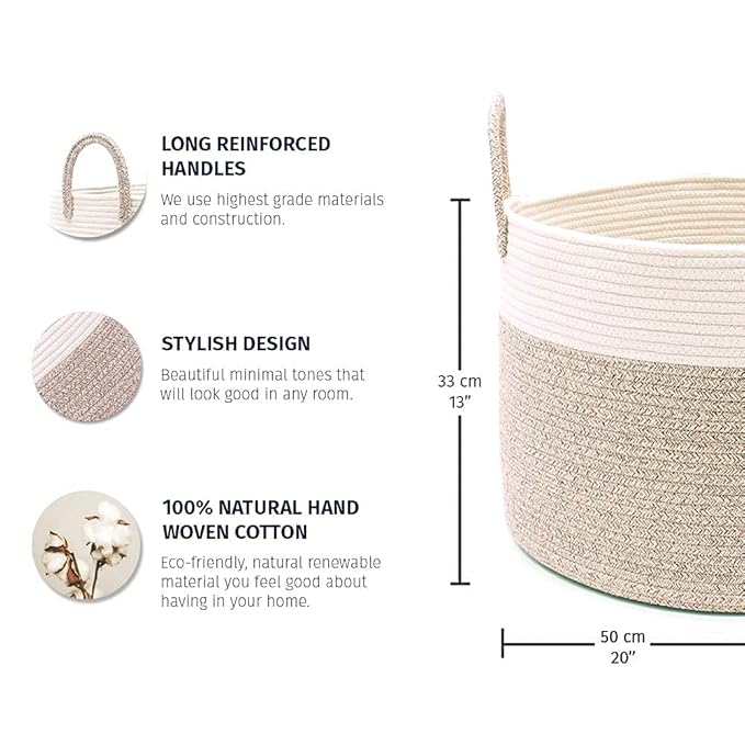 OrganiHaus Woven Laundry Basket, Large Cotton Rope Blanket Holder with Handles, Soft & Sturdy Nursery Hamper, Decorative Toy Bin for Living Room Organization 20x13 inches - Brown/Off-White