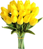 Mandy's Artificial Tulips 20 Stems Yellow PU Faux Flowers for Wedding Home Decor 13.5 Inch