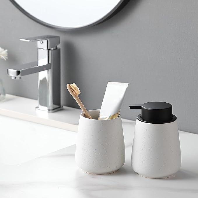 Speckled White Toothbrush Holder Set - 2Pcs Bathroom Ceramic Tooth Brushing Holders, Toothbrush Cup, Toothpaste Organizer for Countertop, Makeup Brush Holder, Pen Holder for Home Desktop Storage