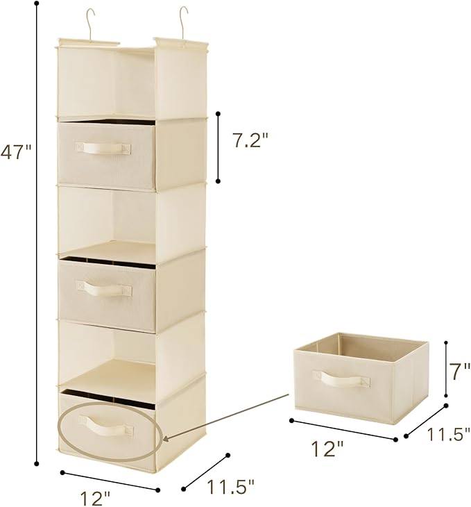 MAX Houser 6 Tier Shelf Hanging Closet Organizer, Closet Hanging Shelf with 2 Sturdy Hooks for Storage, Foldable (Beige-D3)