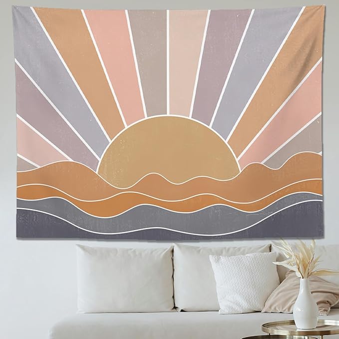 keowhsf Boho Sun Mountain Tapestry Wall Hanging - Retro 70s Vintage Rainbow Sunrise Sunset Design, Abstract Geometric Hippie Art Tapestry for Bedroom, Living Room & Dorm Decor