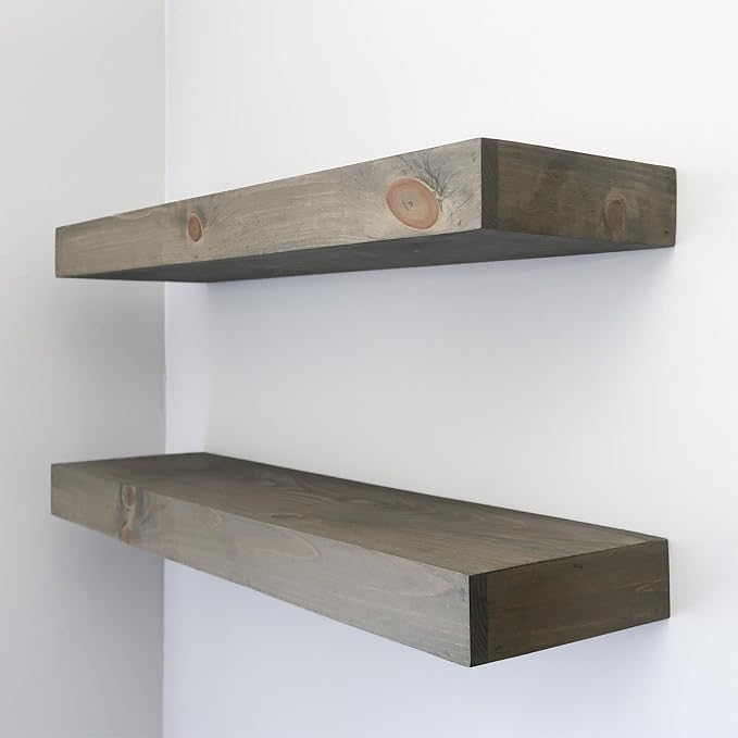 Modern Floating Shelves 3 Inches Thick for Wall, Wide Shelves for Kitchen, Living Room, Bedroom, and Bathroom, Natural Pine Wood, Rustic Wooden Shelf, (Set of 2) (Aged Barrel, 60Lx3Hx8D)