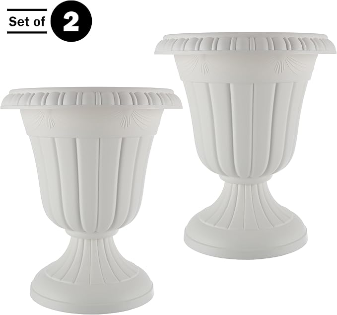 Pure Garden Outdoor Planter 2-Pack - 16x18-Inch Urn Planters - Plastic Plant Pots for Indoor, Outdoor, or Front Porch Decor - Flower Pots (White)