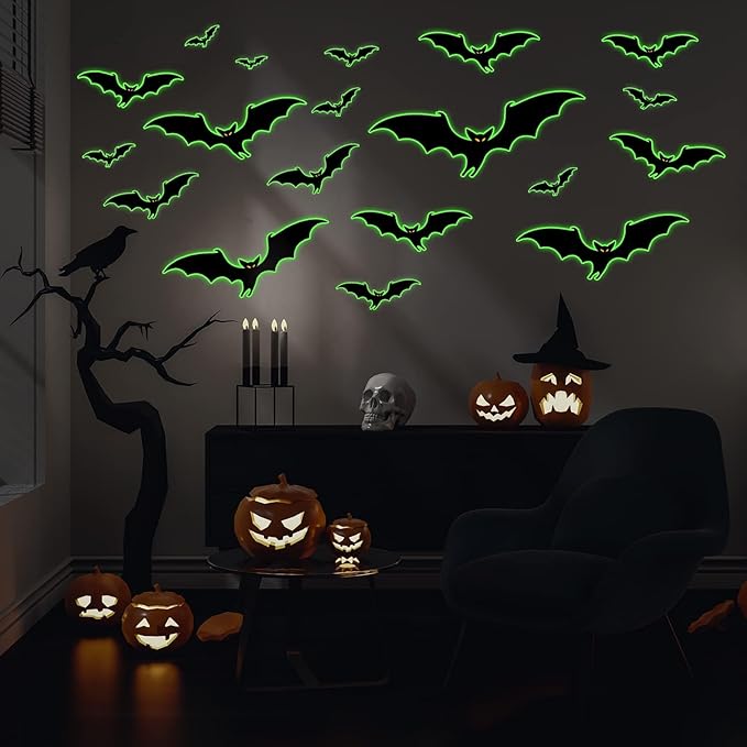 3 Sheets Glow in The Dark Halloween bat Decals Luminous Halloween bat Stickers Removable Bat Wall Decor Glowing Window Clings for Scary Halloween Theme Party Decorations