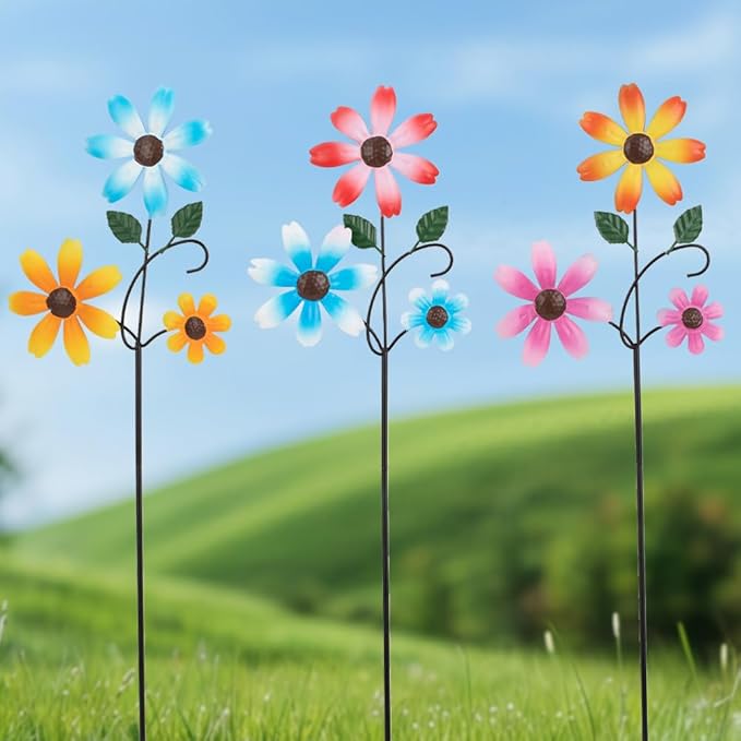 3 Pack Spring Garden Stakes Decor,Metal Flowers Decorative Garden Stakes,Waterproof Metal Yard Art for Outside,Lawn,Patio,Yard(23.1 * 6.7IN)