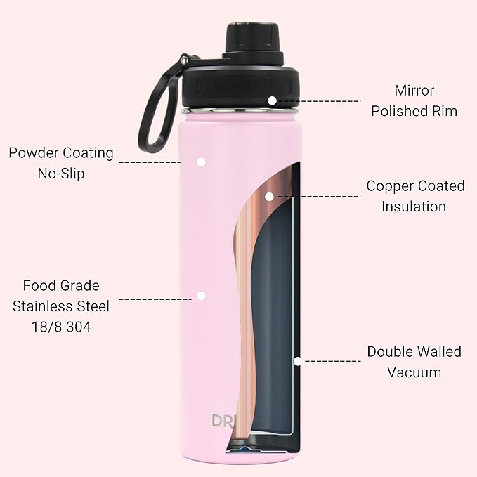 DRINCO Stainless Steel Water Bottle Spout Lid Vacuum Insulated Double Wall Water Bottle Wide Mouth (40oz 32oz 22oz 18oz 14oz) Leak Proof Keeps Cold or Hot (22 oz, 22oz Flamingo Pink)