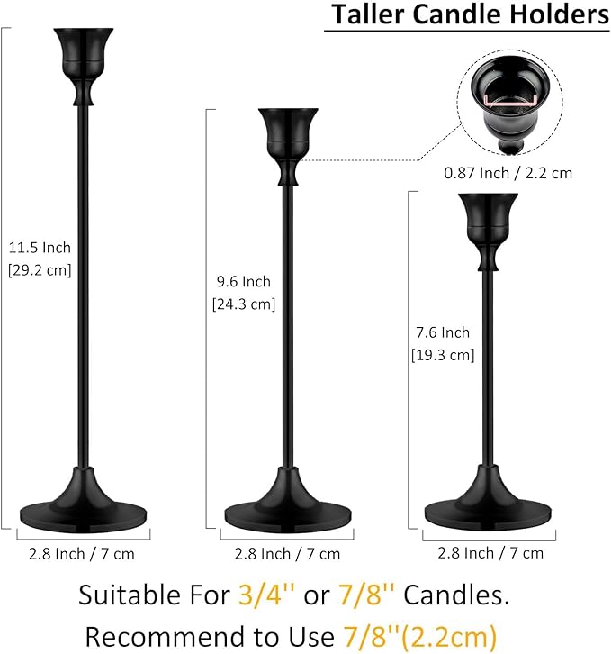 Metal Candle Holders for Candlesticks Taper Candlestick Holders Set Vintage Decorative Centerpiece Candelabra Tall Candle Stands for Halloween Thanksgiving Christmas (Matt Black, 1 Set (3 pcs))