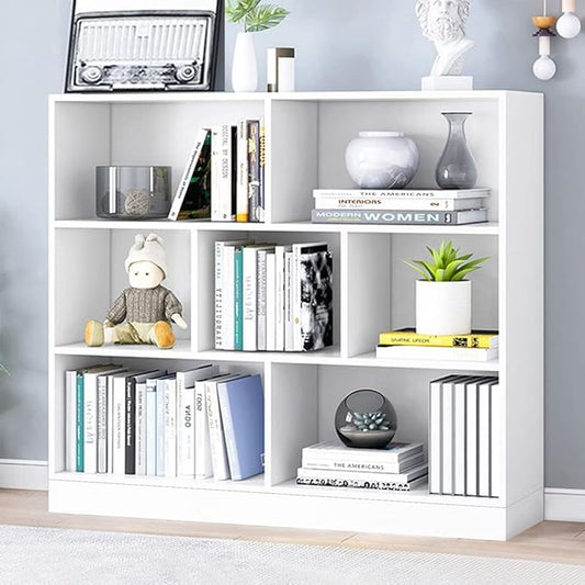 IOTXY Open Shelf Low Bookcase - Wooden 3-Tier Floor Standing Display Cabinet Organizer with Base, 7 Cubes Short Horizontal Bookshelf in Warm White
