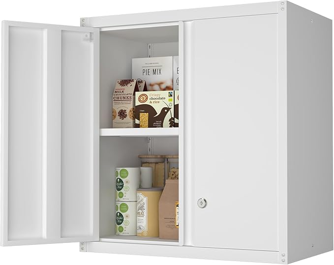 Wall Cabinet,Metal Storage Cabinet with 2 Doors,Locking Wall Cabinets for Office,Home,White