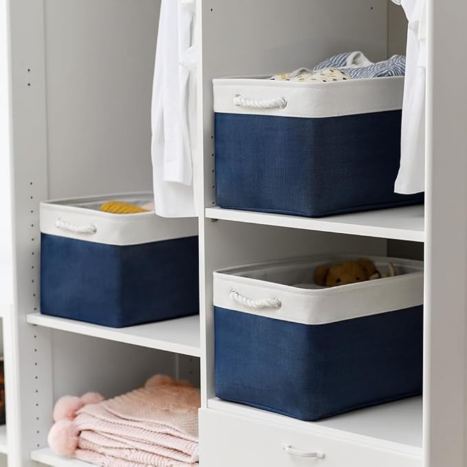 TheWarmHome Organization and Storage for Organizing - 3 Pack 16x12x12 inch Cube Storage Bin for Shelves, Fabric Storage Cubes for Closet Cloth Organizer Gift Toy (White & Jean Blue)