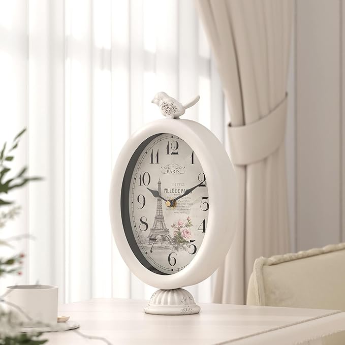 Vintage Table Clock with Bird, Desk and Shelf Decor Clock, French Paris Style, Antique White Metal Mantel Clocks for Living Room, Farmhouse, Bedroom, Bedside, Gift (10" H x 5.9" W)