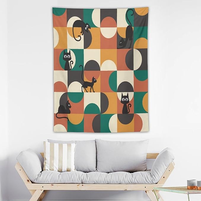 ICMOLYYENLO Boho Medieval Cat Tapestry, Abstract Atomic Starburst Geometric Aesthetic Art Wall Hanging For Bedroom Living Room Dormitory 60x80 Inches