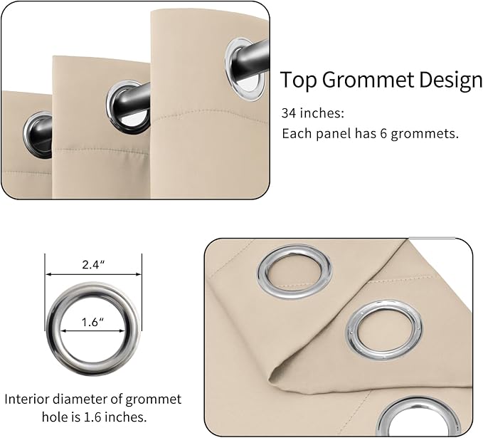 Easy-Going Blackout Curtains for Bedroom, Solid Thermal Insulated Grommet and Noise Reduction Window Drapes, Room Darkening Curtains for Living Room, 2 Panels (34x63 in, Beige)