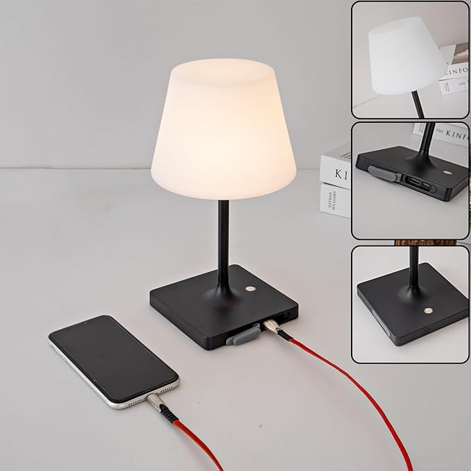 Outdoor Rechargeable Table lamp Cordless, Battery Operated Night Lights,Waterproof lamp for Shower,4000mAh LED 3 Colors Dimmable Touch Bedside Lamp for Coffee Shop Bath Patio -Black