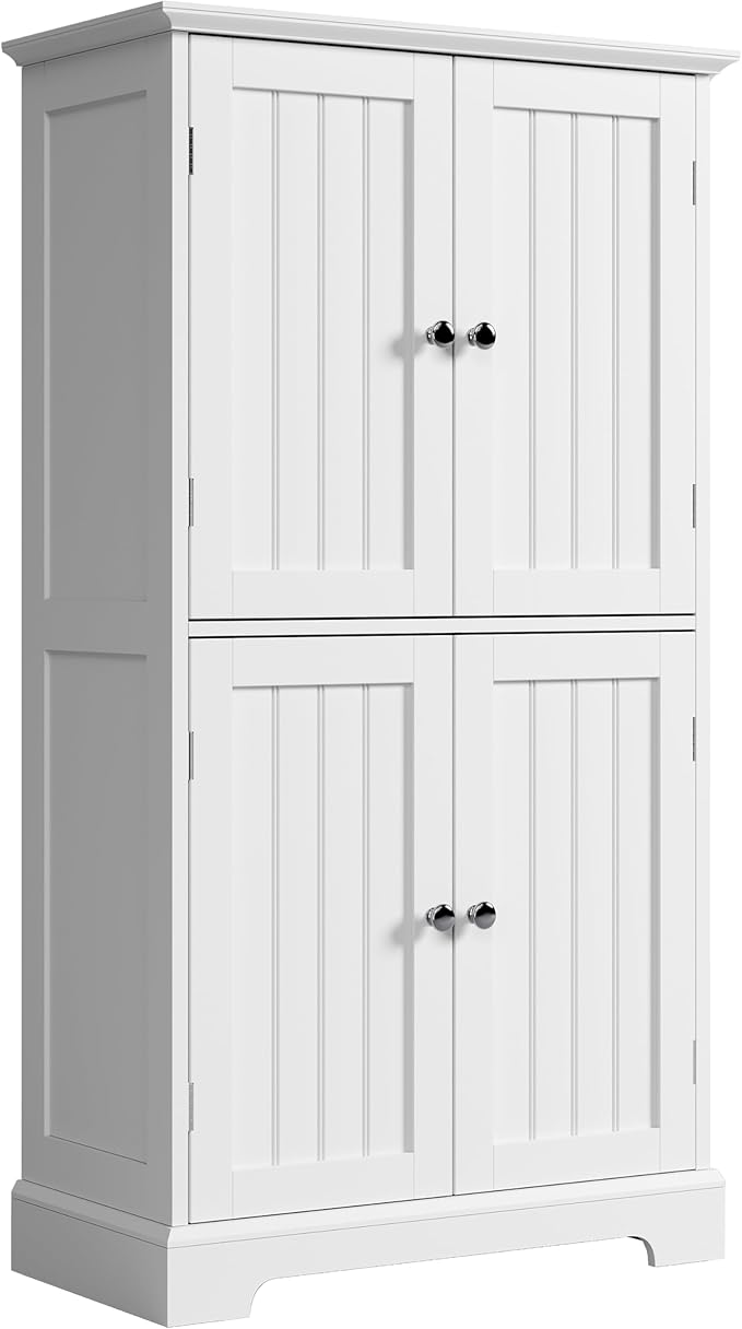 ChooChoo Bathroom Floor Cabinet, Modern Bathroom Storage Cabinet with 4 Doors and Adjustable Shelves, Freestanding Cupboard for Living Room, White