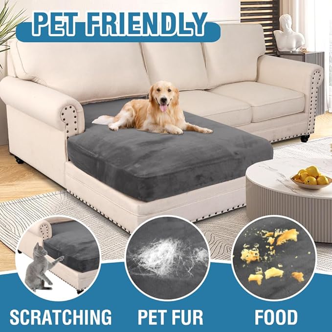 H.VERSAILTEX Velvet Stretch Individual Chaise Cover Sectional Couch Covers for L Shaped Sofa Both Left/Right Furniture Protector Seat Cushion Sofa Cover (1 Piece Chaise Cover, Grey)