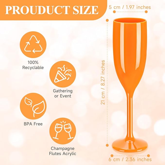 XUWAIDSGN Acrylic Champagne Flutes Toasting Glasses Unbreakable Mimosa Bar Reusable Wine Glasses Vintage Champagne Flutes Stemmed Drinking Cups 5.4 OZ for Christmas Birthday (24, Orange)
