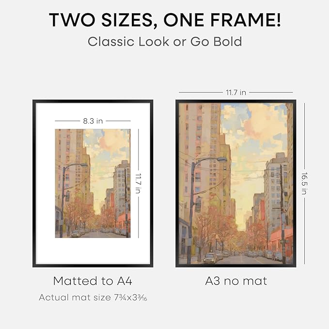 Homeforia A3 Picture Frame Black, High End Metal 11.7 x 16.5 inch Poster Frames with Mat 8.3 x 11.7 for Photo, A3 Size Frames Matted to A4 Print, 11.7x16.5 Wall Hanging Frame, Tempered Glass, Set of 1