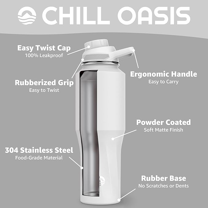 Chill Oasis Water Bottle | Compatible With Popular Flavor Cartridges | BPA Free, Leak Proof, Double-Walled Vacuum Insulated Stainless Steel, and Dishwasher Safe | Cold for 24 Hours (White, 32oz)