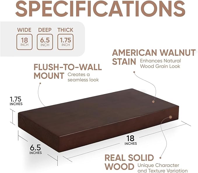 Homeforia Walnut 18 inch Floating Shelf, High End Solid Real Wood 18inch Floating Shelves for Wall Mounted, Dark Brown 18 inches Long Floating Shelves, Heavy Duty Bracket, 18 X 6.5 X 1.75 in, Set of 4