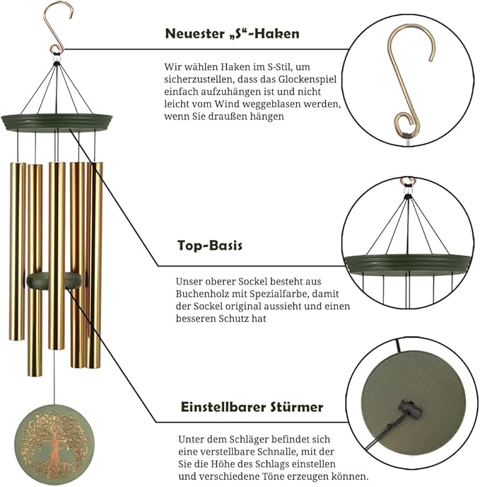 Wind Chimes for Outside,Outdoor Wind Chimes for Mother & Grandma - Large Garden Hanging Decor with Tree of Life Engraving, Perfect for Yard, Home, Christmas, Birthdays