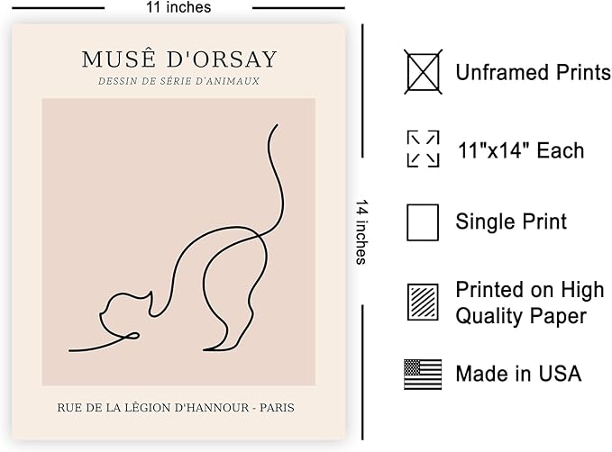 Poster Master Vintage Poster - Retro One Line Cat Drawing Print - Cat Art - Minimal Gift for Men, Women, Animal Lover - Abstract Wall Decor for Home, Office, Bedroom - 11x14 UNFRAMED Wall Art