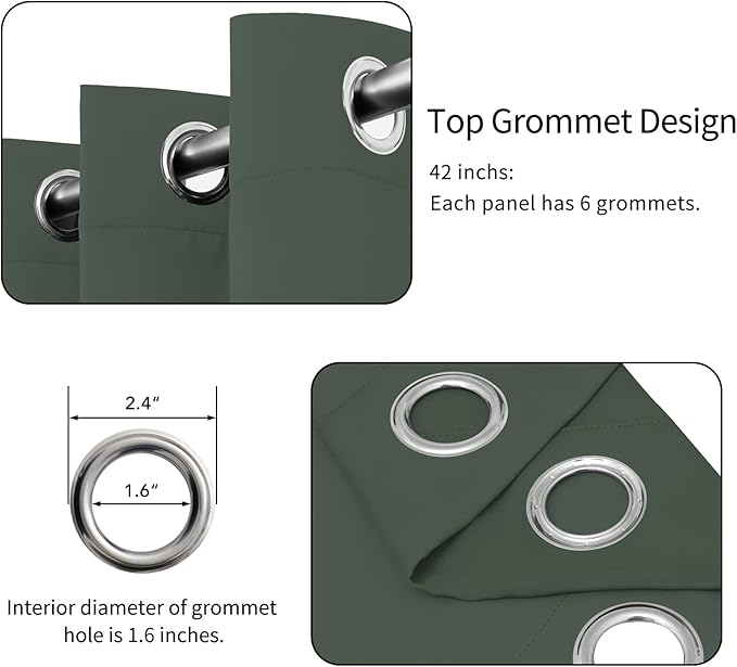 Easy-Going Blackout Curtains for Bedroom, Solid Thermal Insulated Grommet and Noise Reduction Window Drapes, Room Darkening Curtains for Living Room, 2 Panels(42x72 in, Greyish Green)