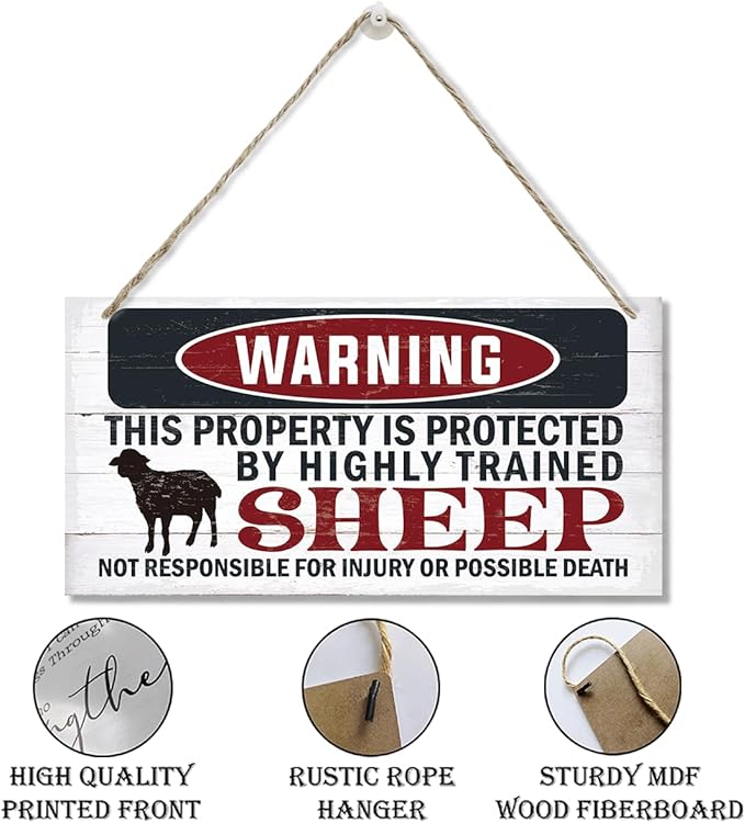 Funny Warning Signs, The Property is Protected By Highly Trained Sheep Sign, Decorative Wood Hanging Wood Plaque, Sheep Wall Decor, Farm Fence Decor, Home Garden Decor for Indoor Outdoor Use