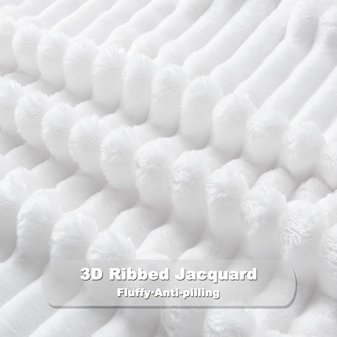 NEWCOSPLAY Super Soft Queen Blanket White Premium Silky Flannel Fleece 3D Ribbed Jacquard Lightweight Bed Blanket All Season Use (White Ribbed, Queen(90"x90"))