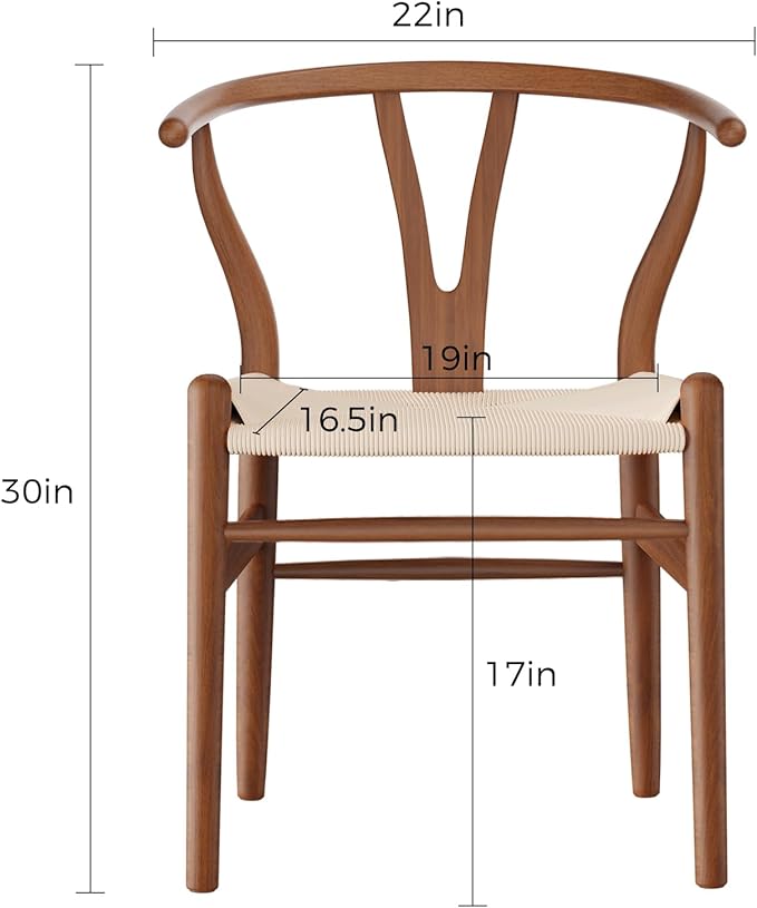 Tomile Solid Wood Wishbone Chair Y Chair Mid-Century Armrest Dining Chair, Hemp Seat (Ash Walnut Color, Pack of 2)
