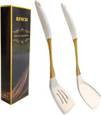 Heat-Resistant Silicone Kitchen Spatula Set – Non-Toxic Cooking Utensils with Solid & Slotted Designs –Food Grade Silicone and Stainless Steel Handles –Ideal for Nonstick Cookware, Gold