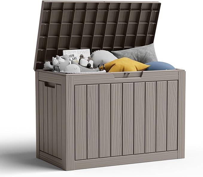45 Gallon Resin Deck Box, Lockable Patio Outdoor Storage Box for Furniture, Garden Tools and Tools Storage, Waterproof Outside Storage Boxes - Grey