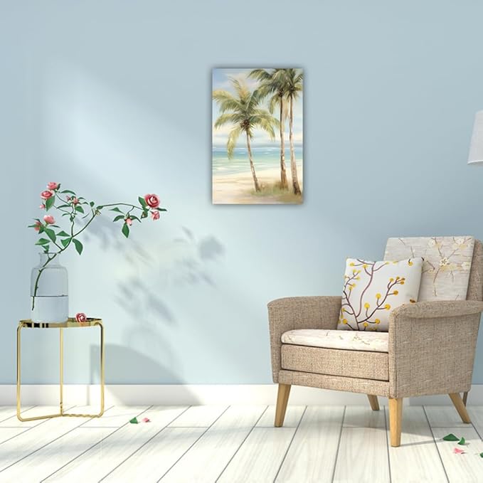LURENCZH Tropical Beach Canvas Wall Art Seaside Palm Tree Picture Wall Decor Ocean Scenery Painting Prints for Bathroom Decor Framed(Beach-3,16.00" x 24.00")