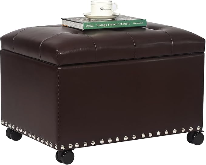 Joveco Leather Storage Ottoman with 360° Wheels 24" Rolling Foot Rest Bench Rectangle Ottomans Stool for Living Room Bedroom (Brown, Wheels)