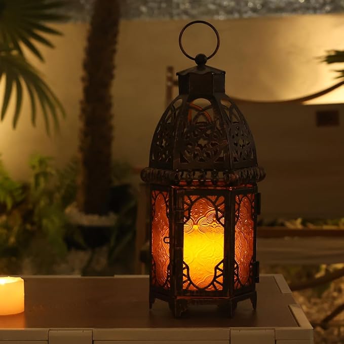 NEEDOMO 12.8'' Moroccan Lanterns Decorative Indoor & Outdoor, Vintage Christmas Candle Holder, Metal Lanterns Decorative, Table, Patio, Porch, Shelf, Christmas Spring Halloween Home Decor (Amber)