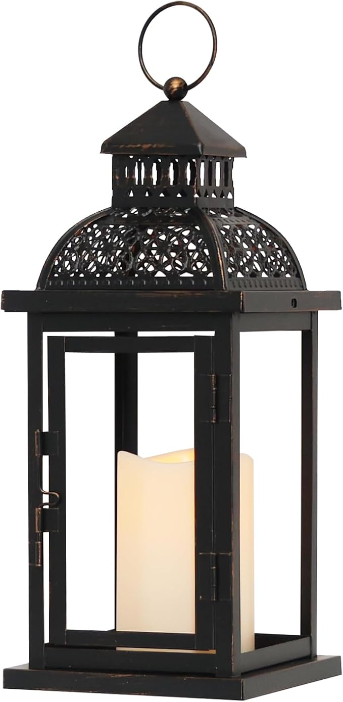 NEEDOMO Lanterns Decorative Indoor & Outdoor, 15'' Lantern with LED Candle, Vintage Metal Hanging Lanterns for Patio, Front Porch,Yard, Table, Spring (NO Glass)