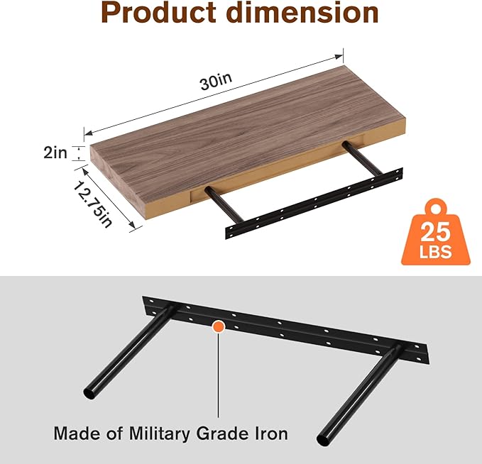 Floating Shelf, Set of 2 Wall Shelf, 30 in W x 12.75 in D x 2 in H Wooden Floating Wall Shelf with Invisible Brackets for Living Room/Bedroom/Bathroom/Kitchen Storage and Decor, Walnut