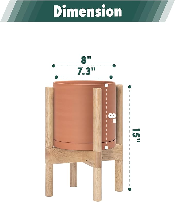 D'vine Dev Terracotta Planter with Natural Stand - 8 Inch Modern Round Flower Pot with Wood Planter Holder, Terracotta, 55-B-N-5