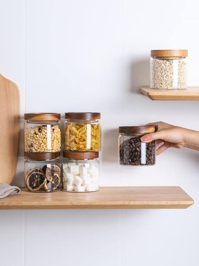 Kanwone Glass Storage Jars Set of 6, 17 Ounce Airtight Food Storage Containers with Bamboo lids, Clear Glass Canisters for Pantry, kitchen, Flour, Sugar, Tea, Coffee, Snack, Spice and Herbs