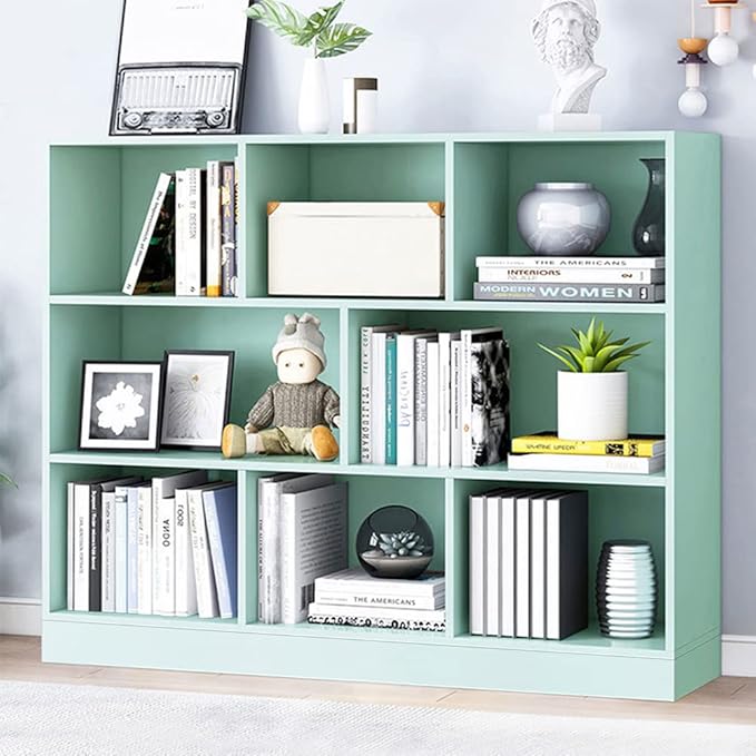 IOTXY Open Shelf Low Bookcase - Wooden 3-Tier Floor Standing Display Cabinet Organizer with Base, 8 Cubes Short Horizontal Bookshelf in Tiffany-Green