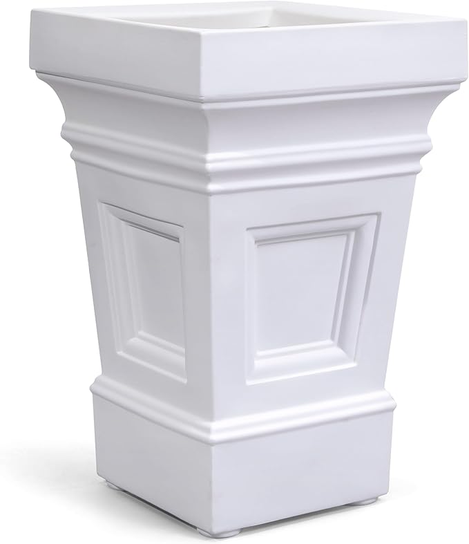Step2 Atherton Square Planter, Large Planters for Outdoor Plants, Gardening and Flower Pot for Patio or Porch, Efficient Drainage, Durable Plastic, Classic White