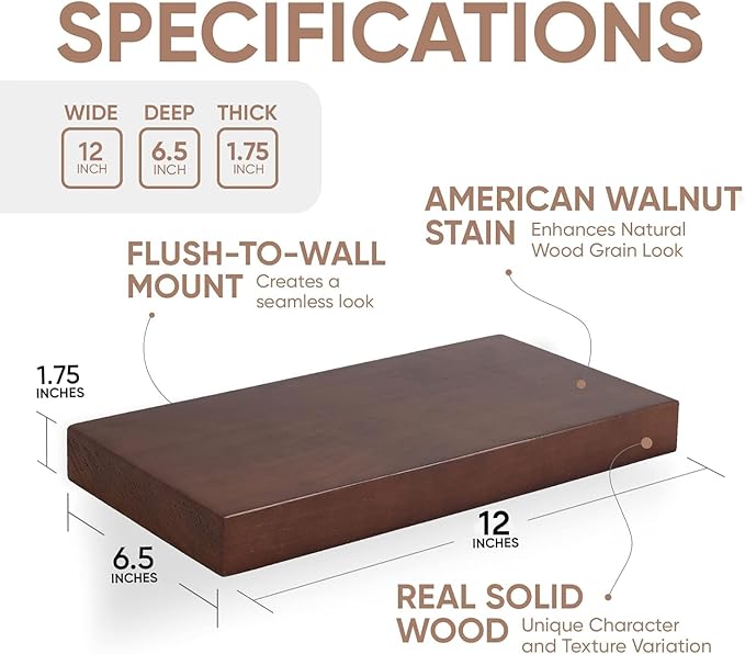 Homeforia Walnut 12 inch Floating Shelf, High End Solid Real Wood Small 12inch Floating Shelves for Wall Mounted, Dark Brown 12in Floating Shelves, Heavy Duty Bracket, 12 X 6.5 X 1.75 inches, Set of 3