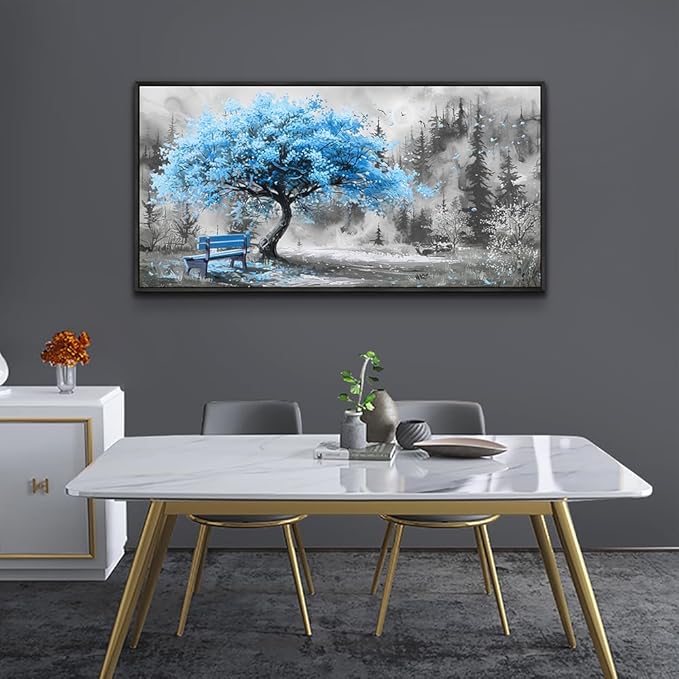 ZUITINGHUA Black Framed Canvas Wall Art For Living Room Wall Decor For Bedroom Office Wall Decoration Blue Tree Landscape Painting Black And White Picture Artwork Room Aesthetic Home Decor 20x40 In