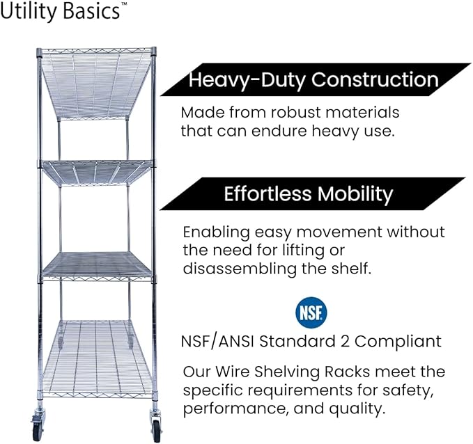 60"x24"x72" PREMIUM METAL STEEL 4-Tier Wire Shelving NSF 3200 LBS MAX Capacity Heavy Duty Storage Rack for Hospitals, Schools, Commercial Spaces, and Garages w/PREMIUM Wheels