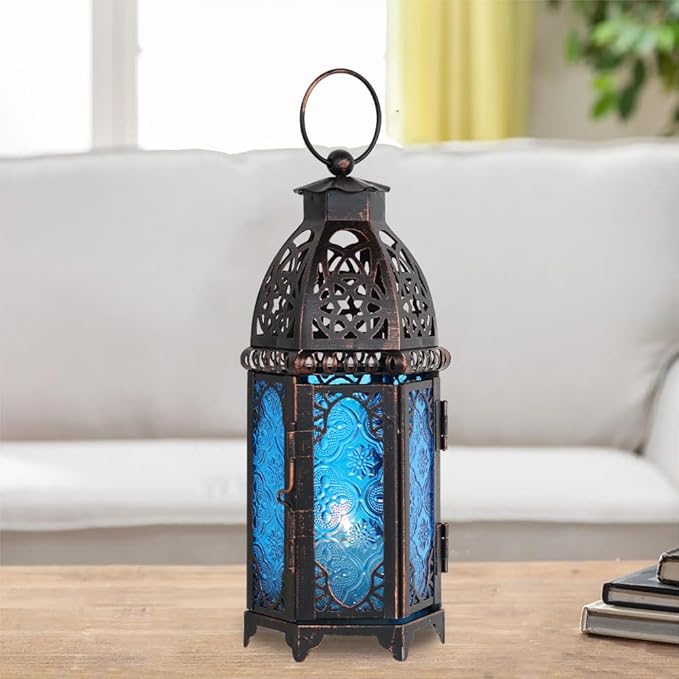 NEEDOMO Hanging Moroccan Lantern, 11'' Vintage Candle Holder, Metal Lanterns Decorative Indoor Outdoor, Table, Patio, Porch, Shelf, Gothic Home Decor (Blue, Medium Size)