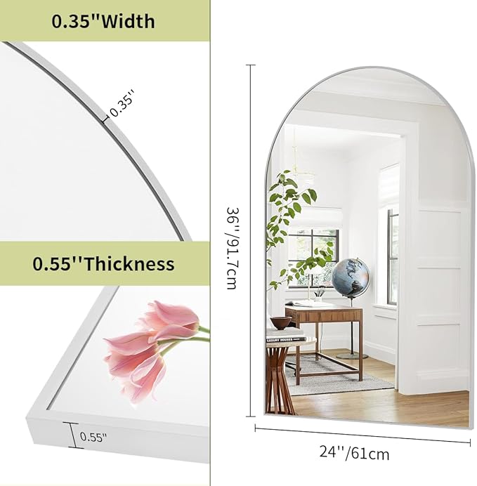 BEAUTYPEAK 24"x36" Arch Bathroom Mirror, Wall Mounted Vanity Metal Frame Mirror for Bedroom, Entryway, Living Room, Silver