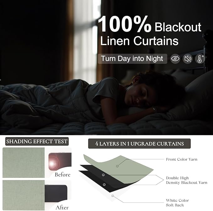 Dark Academia Decor Sage Green Linen Textured Blackout Curtains Panels 90 Inch Length Luxury Curtains for Living Room Pretty Heavy Thick Linen Black Out Thermal Long Drapes Back Tab Rod Pocket Pleated
